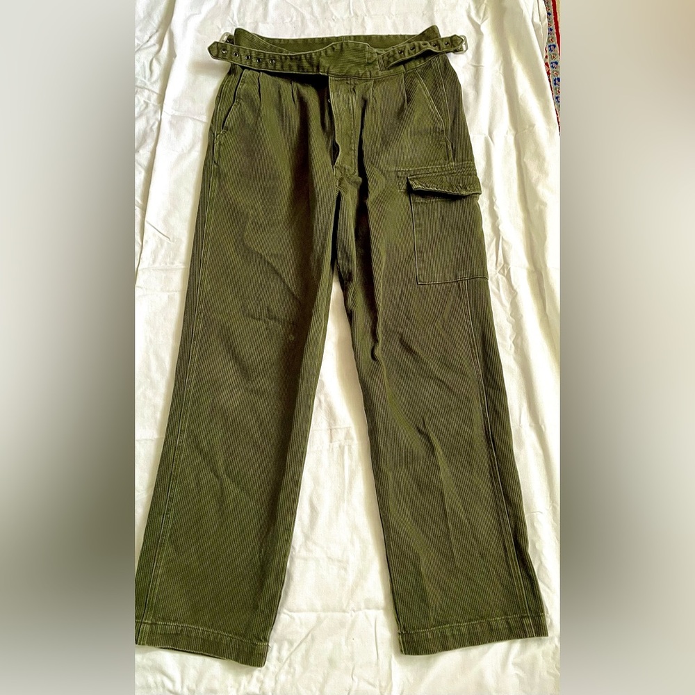 One pair green corduroy pants, 34” waist.